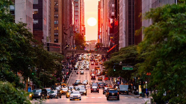 Manhattanhenge effect at sunset in NYC