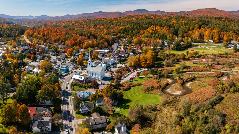 An aerial view of Stowe, Vermont, in the fall