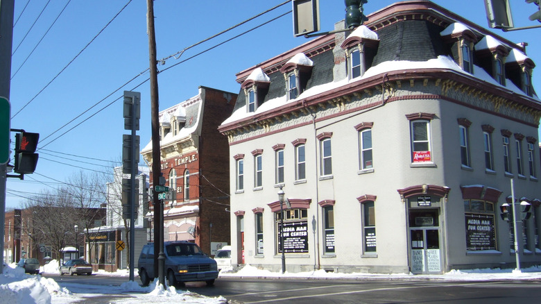 Historic buildings covered in snow in Sherburne, New York