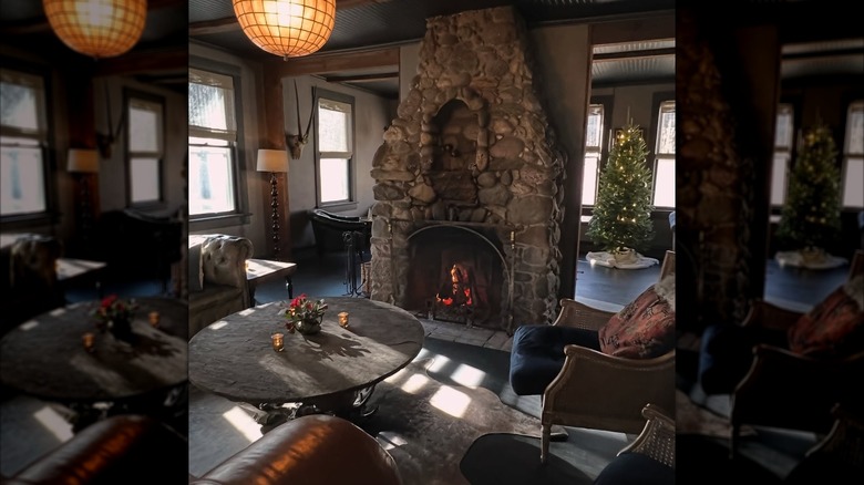 Lounge and fireplace at the Foxfire Mountain House