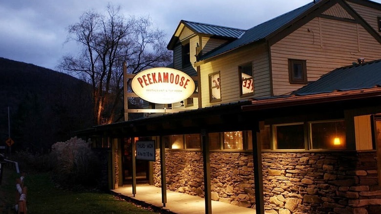 Exterior of Peekamoose Restaurant in Big Indian, New York at dusk