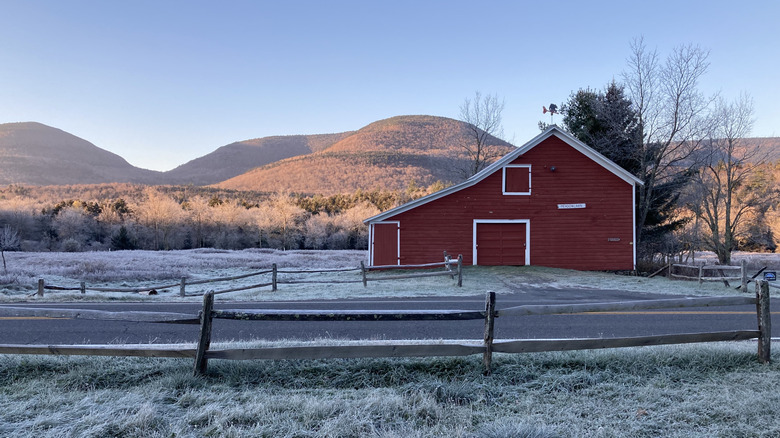 Red lodge in the Catskills Mountains during winter