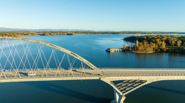 Lake Champlain Bridge in front of Champlain Memorial Lighthouse, Crown Point, New York