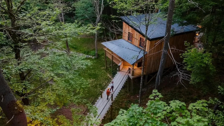 Contemporary wood treehouse cabin among the trees