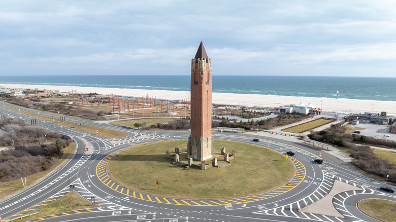 Landscape and the water tower at Jones Beach State Park, with the beach in the background