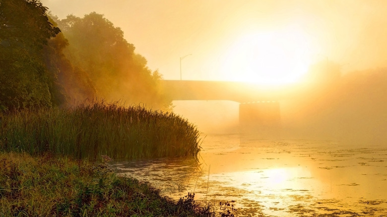 Fog over the Mohawk River and Western Gateway Bridge in Schenectady, New York