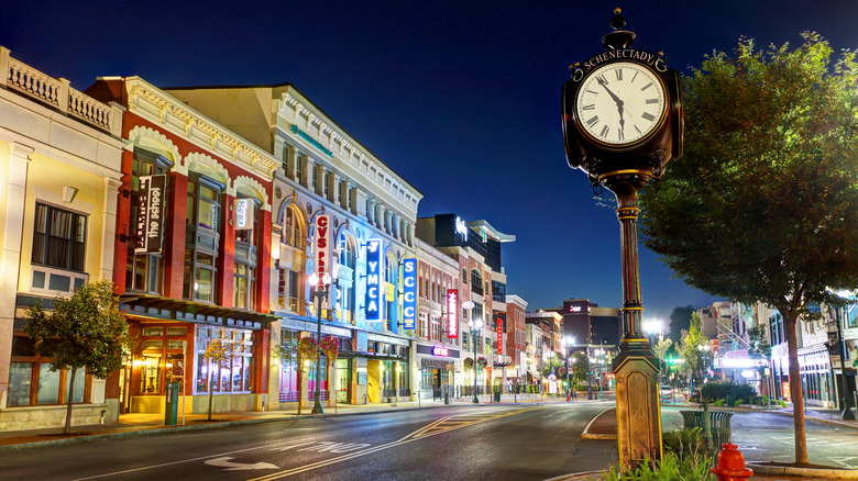 Downtown streets lined with shops and local businesses in Schenectady, New York