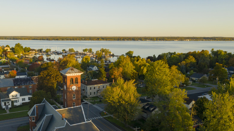 An aerial view of the Saint Lawrence river in Cape Vincent New York
