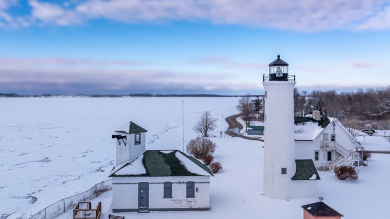 Tibbetts Point Lighthouse on Lake Ontario in the snow
