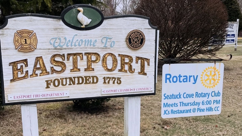 "Welcome to Eastport" sign welcoming visitors to Eastport, New York