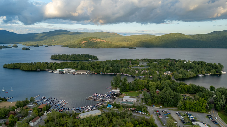 Summer afternoon aerial view of Bolton Landing, NY