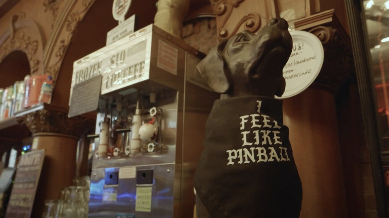 Black dog statue wearing a pinball T-shirt
