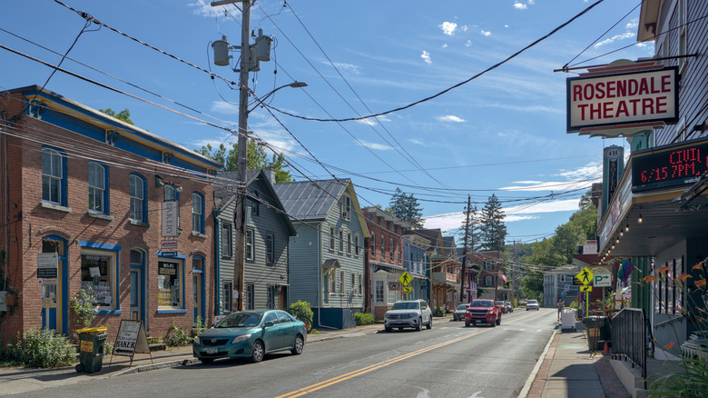 A view of downtown Rosendale, New York featuring a sign for the Rosendale Theater