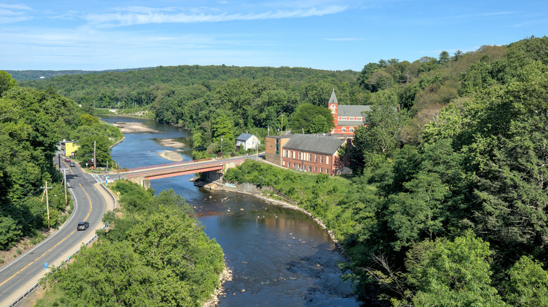 An aerial view of downtown Rosendale and the Rondout Creek