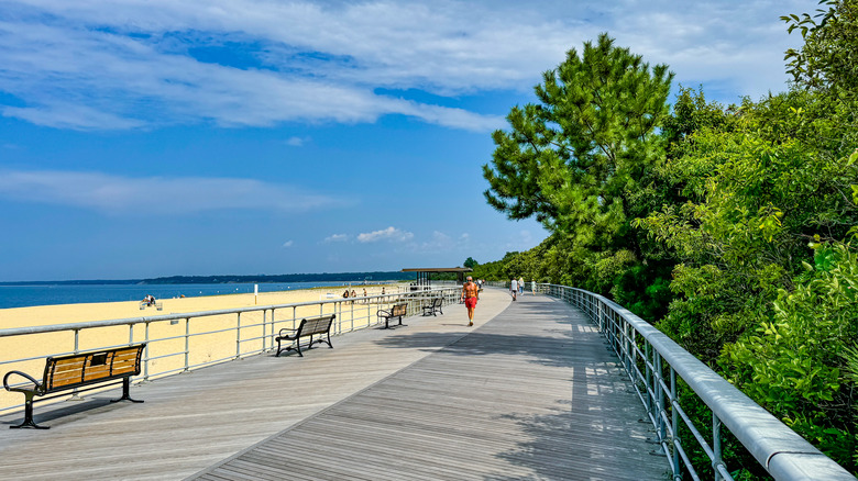 People walking on the boardwalk at Sunken Meadow State Park