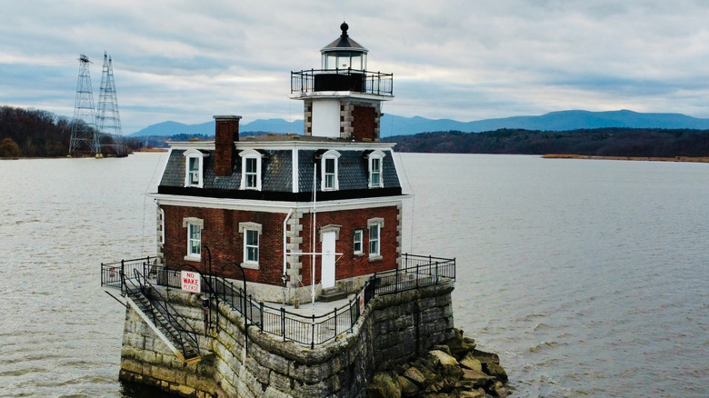 A close-up shot of the Hudson-Athens Lighthouse