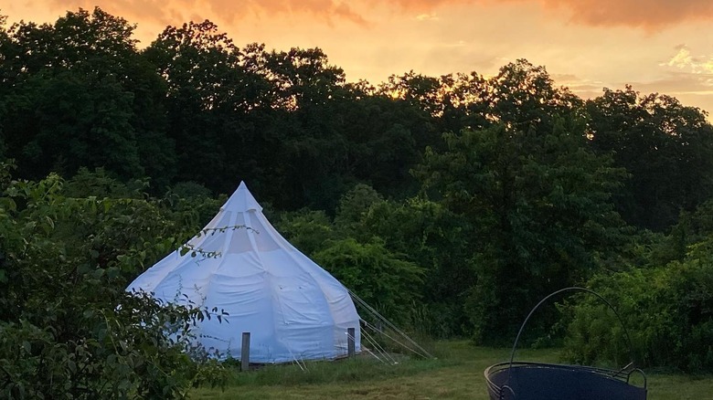 A white glamping tent at Gatherwild Ranch in the Hudson Valley