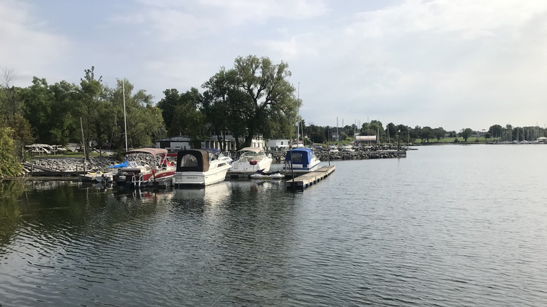Boats docked at Crescent Yacht Club in Chaumont in the Golden Crescent of the Thousand Islands region of New York