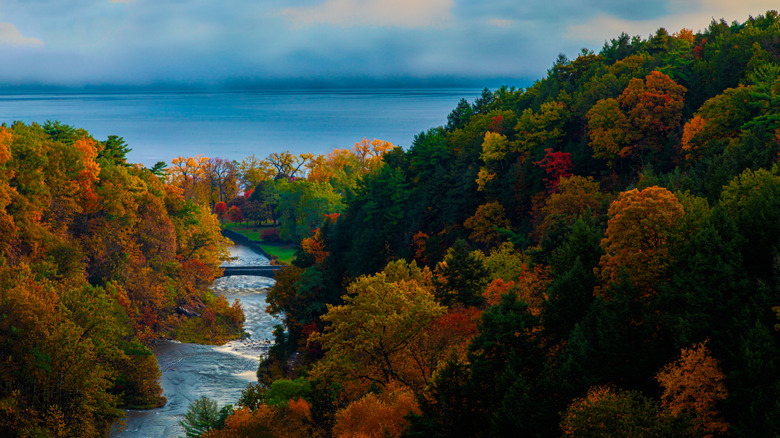 Aerial view of the lower base of Taughannock Falls in Taughannock Falls State Park near Ulysses, New York during an autumn day.