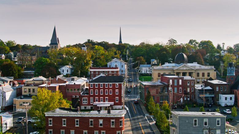 Aerial shot of scenic downtown Catskill, NY