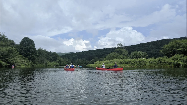 People paddling two red canoes down the East Branch Delaware River