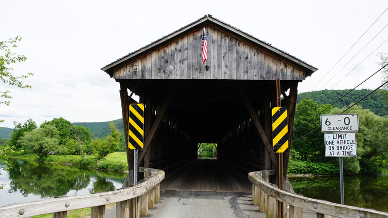 A view of the Downsville covered bridge and surrounding scenery
