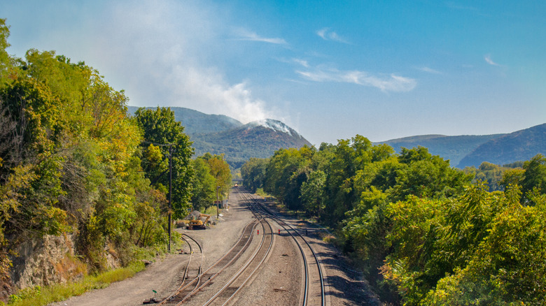 Train tracks framed by mountain scenery in New York