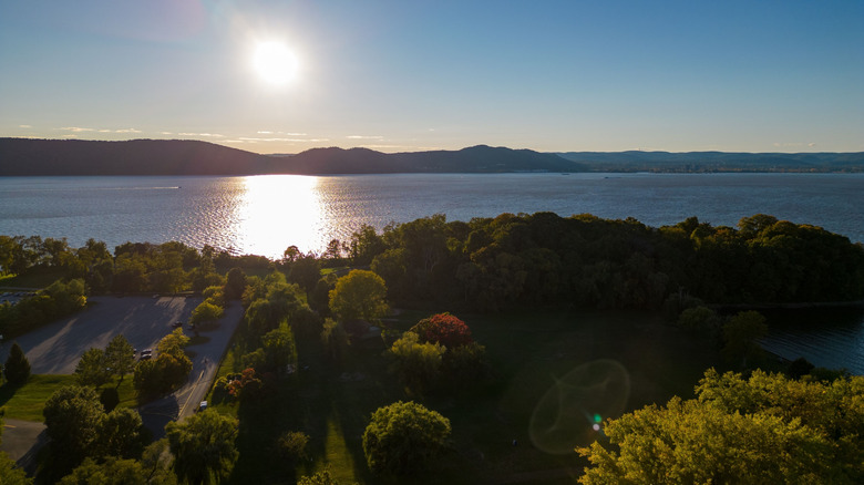An aerial view of waterfront Croton Point Park, with the Hudson River in the background, in Croton-on-Hudson, New York