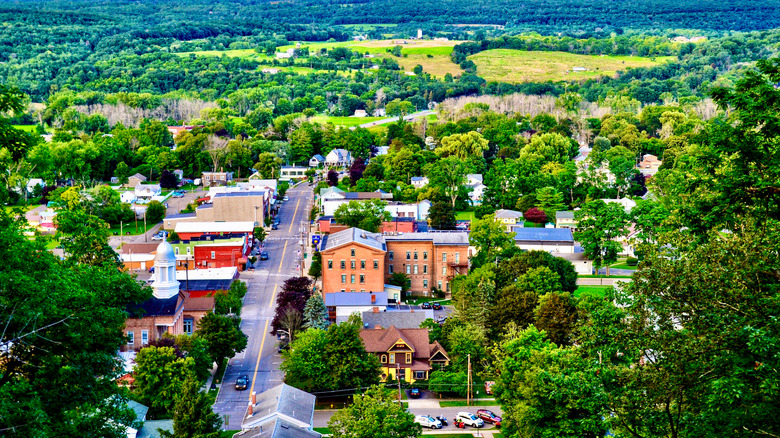 An aerial view of the historic town of Montour Falls in the Finger Lakes region of New York