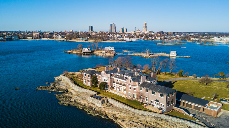Aerial view of buildings and lake in Larchmont, New York.