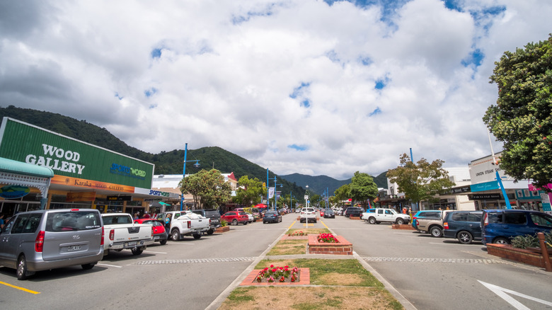 Bustling street with shops and cars under a cloudy sky, Picton