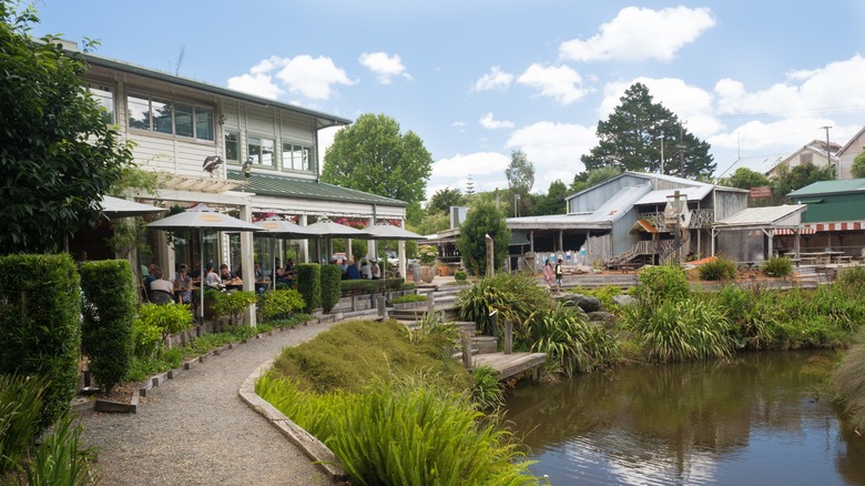 the waterfront pavillion of the matakana market with outdoor seating and a small dock