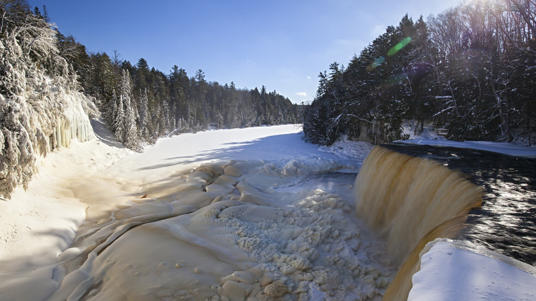 Tahquamenon Falls in winter on a sunny day