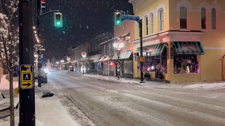 Snowy Main Street at night in Newmarket, Ontario