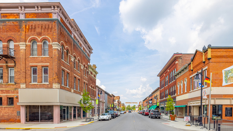 Redbrick buildings and local shopfronts along 2nd Street in downtown Decatur