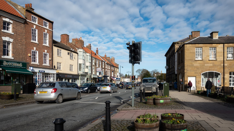 Traffic goes through the center of Stokesley, England