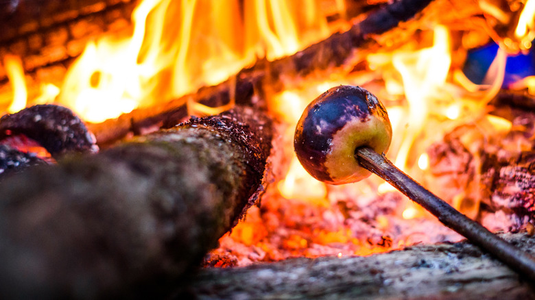 A skewered apple is roasted over an open fire