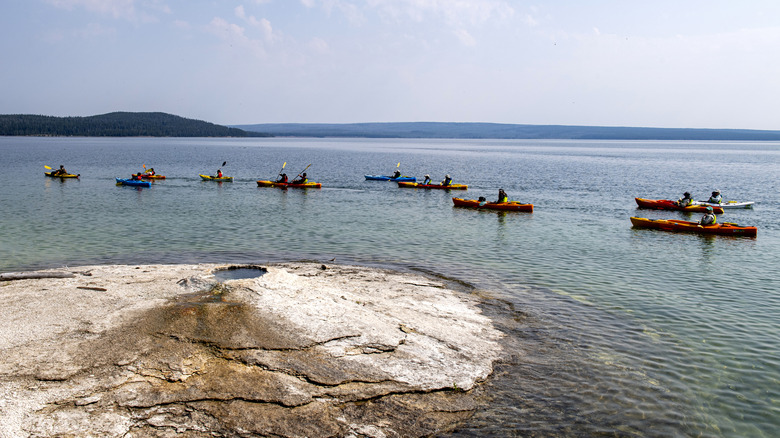 People kayaking on Yellowstone Lake in Yellowstone National Park