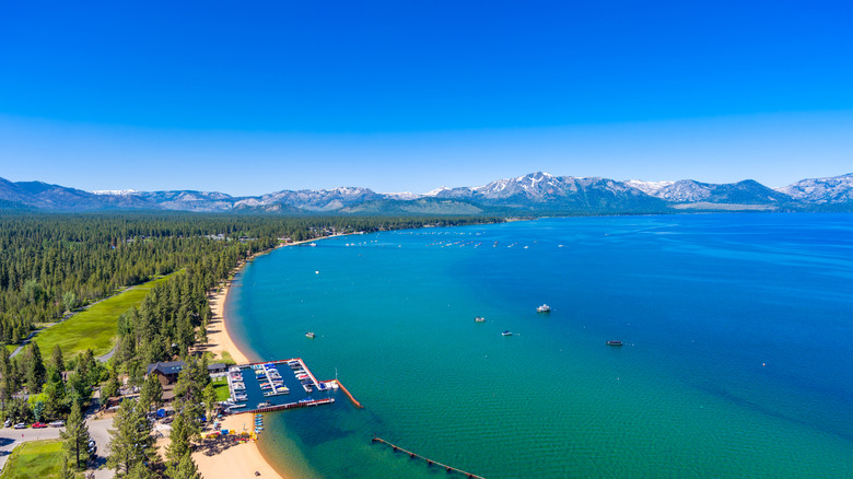 An aeriel view of the shoreline of Lake Tahoe