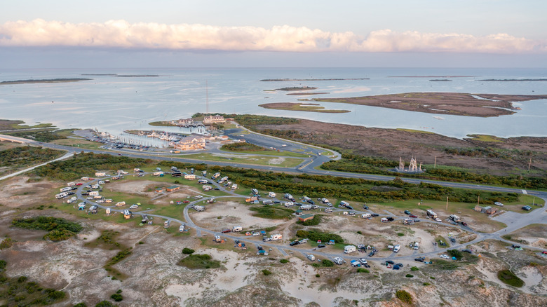 Aerial view of the Oregon Inlet Campground on the Outer Banks of North Carolina.