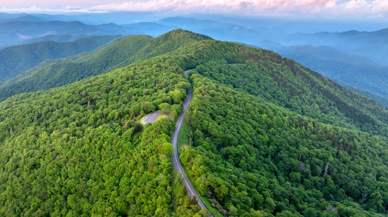 Winding road at Mount Mitchell Overlook on Blue Ridge Parkway in North Carolina Appalachian mountains