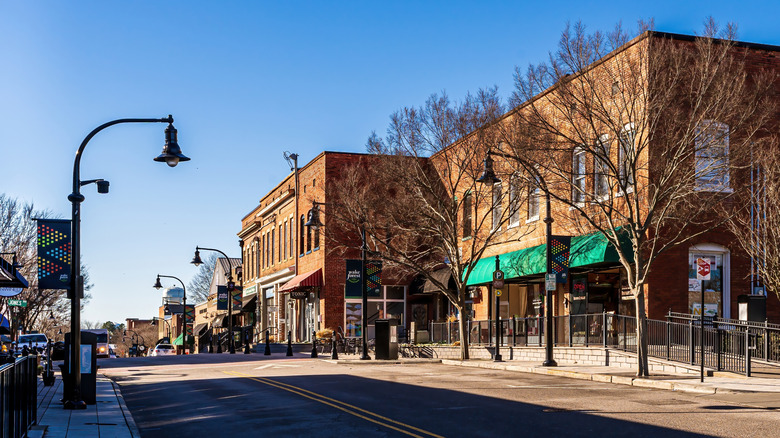 A wintery street shot of Downtown Wake Forest