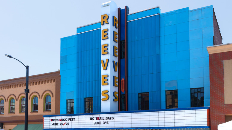 The facade of the historic Reeves Theater in Elkin