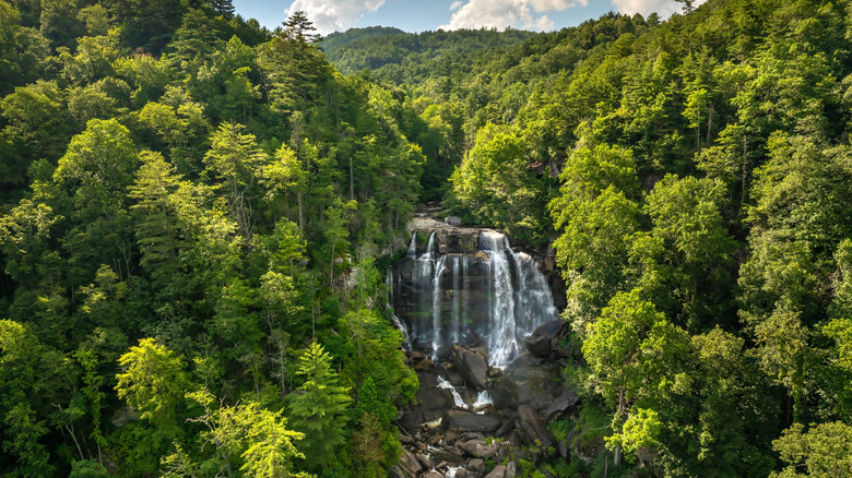 cascading waterfall over rocks between trees with blue sky in Nantahala National Forest
