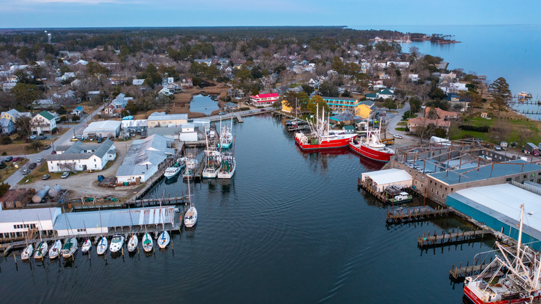 Aerial view or Oriental showing the marina, sailboats, waterfront parks, and houses.