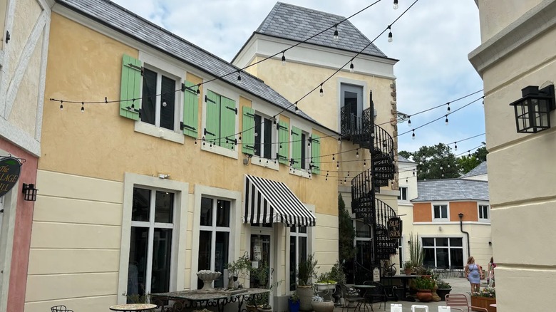 European-style buildings and spiral staircases in the streets of Lafayette Village in North Raleigh