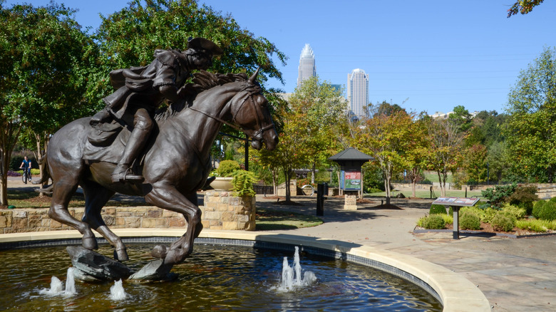 A statue inside Elizabeth Park in Charlotte, North Carolina