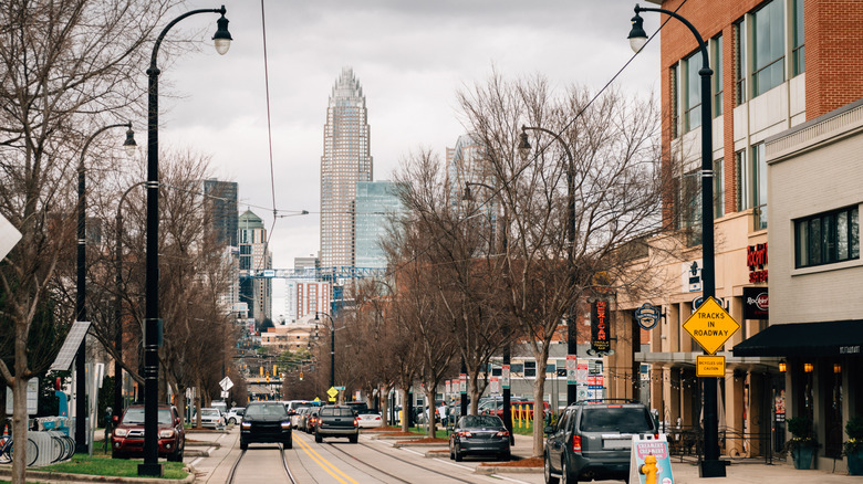 Buildings and road in the Elizabeth neighborhood of Charlotte, North Carolina