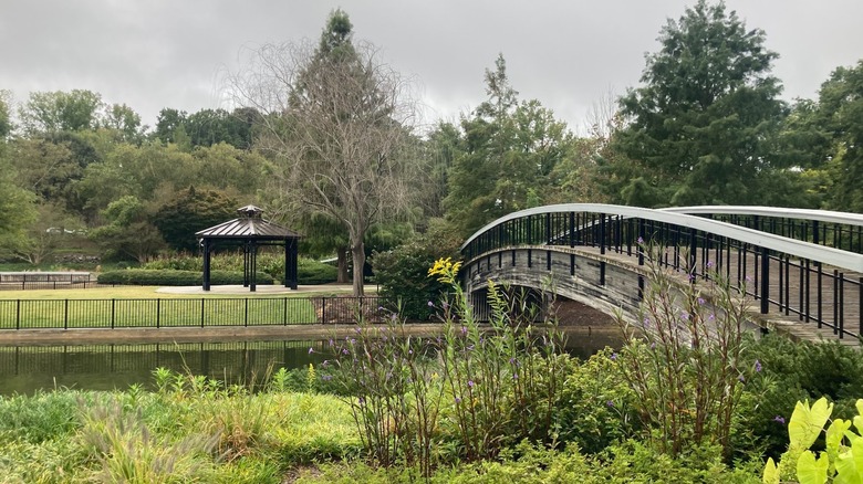 View of a bridge, gardens, and a gazebo in Pullen Park, Raleigh, North Carolina