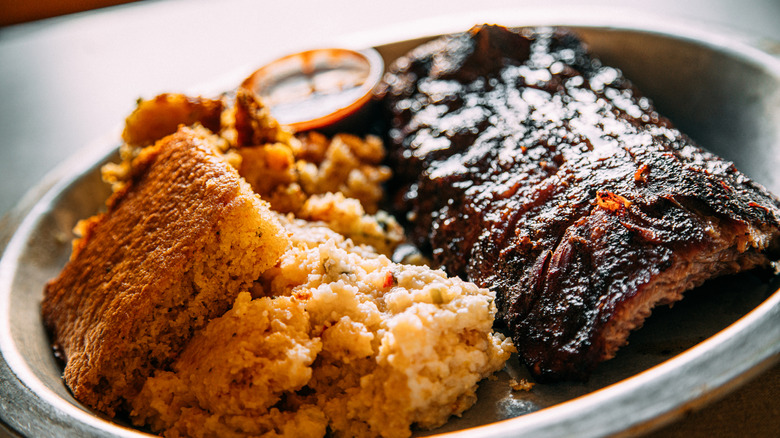A North Carolina meal of BBQ half rack of ribs and cornbread